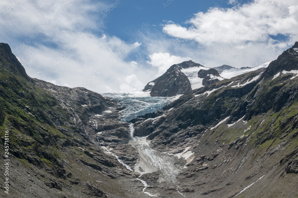Closeup mountains scenes, walk to Trift Bridge in national park Switzerland