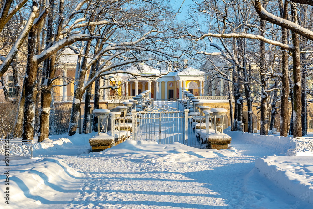 Catherine park on sunny winter day, Tsarskoe Selo (Pushkin), St. Petersburg, Russia
