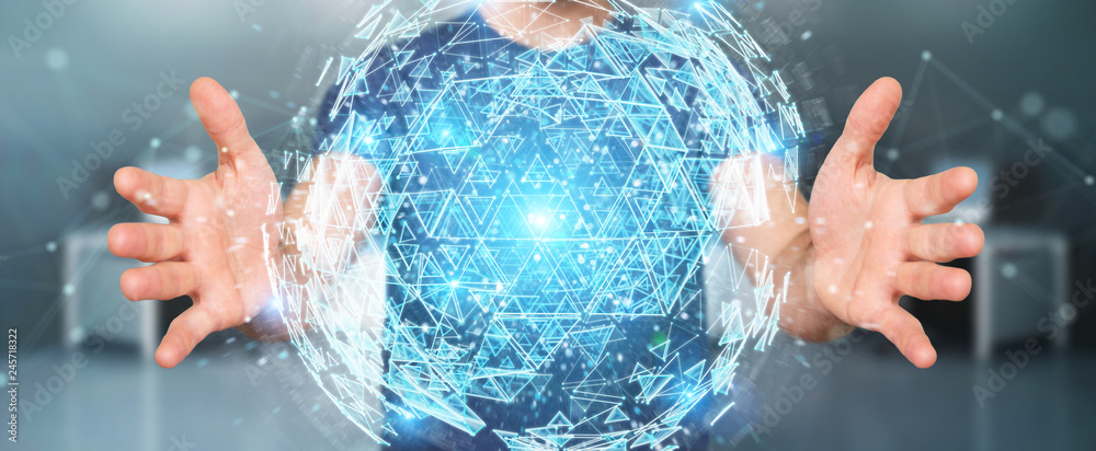 Fototapeta premium Businessman using digital triangle exploding sphere hologram 3D rendering