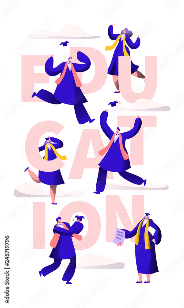 Education School Motivation Typography Banner. Academy Degree Party Invitation Print Poster. University Graduation Happy People Character Prom Flyer Template Vector Flat Cartoon Illustration Education School Motivation Typography Banner. Academy Degree Party Invitation Print Poster. University Graduation Happy People Character Prom Flyer Template Vector Flat Cartoon Illustration