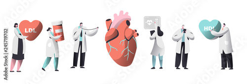 Doctor Diagnose Heart for Cholesterol Presence Set. Chemical Laboratory Data Science Character Collection. Woman Hold Pharmacy Medicine Container. Ldl Hdl Heart Flat Cartoon Vector Illustration