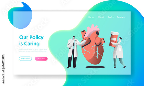 Professional Health Care Landing Page. Doctor with Stethoscope listen Human Heartbeat. Woman Carry Drug Container. Female in Medical Gown hold Pill Concept for Website Flat Cartoon Vector Illustration