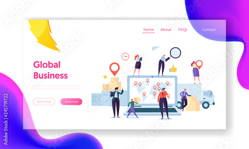 Global Logistic Business Team Cooperation Landing Page. Female with Geotag Symbol stay on Delivery Trailer. Worldwide Delivery Company Concept for Website or Web Page Flat Cartoon Vector Illustration
