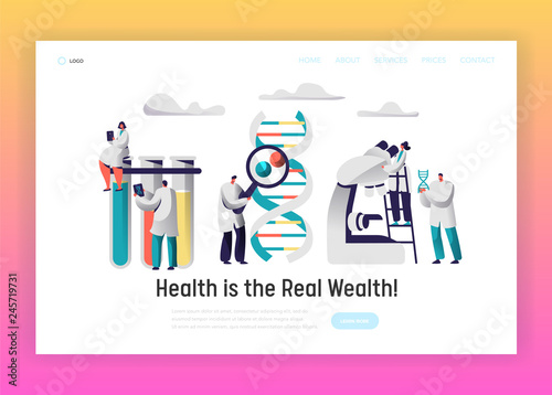 Explorer Hold DNA Cell Model Landing Page. Researcher observe Radiograph in front of Test Tube. Medic with Magnifier Research Genome Pair in Flask Website or Web Page Flat Cartoon Vector Illustration