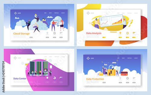 Secure Cloud Data Storage Analytics Landing Page. People Download Information to Memory Service Center. Woman Optimize Network Protection Concept for Website Flat Cartoon Vector Illustration