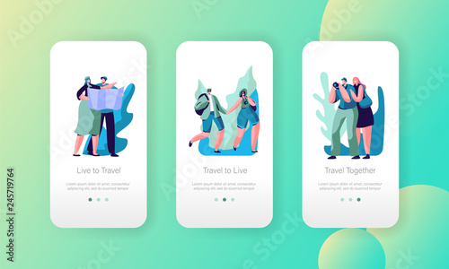 Tourist Couple Travel Mobile App Page Onboard Screen Set. Guy Walk in Urban Adventure with Camera and Map. Hiking Excursion Trip Route for Website or Web Page. Flat Cartoon Vector Illustration