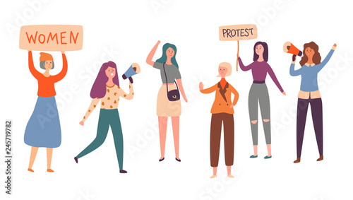 Women Feminism Character Group Protest Strike. Girl Holding Feminist Rights Placard on Democracy Demonstration. Female Political Organization Concept Flat Cartoon Vector Illustration