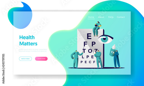 Ophthalmologist Doctor Check Eye Sight Landing Page. Man Oculist Character Analysis Eyesight. Medical Optometrist Team Care Drop for Treatment Website Flat Cartoon Vector Illustration