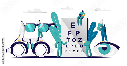 Ophthalmologist Doctor Check Eyesight for Eyeglasses Diopter. Male Oculist with Pointer Checkup eye Sight. Professional Optician Team Exam Patient for Treatment Drop Flat Cartoon Vector Illustration photo