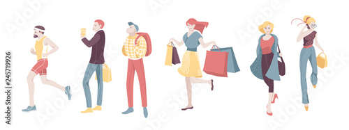 Various Urban People Character Walking Isolated Set. Guy Run, Woman Talk Smartphone and Shopping. Casual Businessman Holding Suitcase. Happy Female Collection Flat Cartoon Vector Illustration