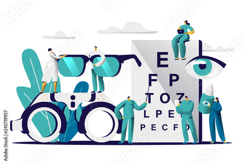 Ophthalmologist Doctor Test Myopia Eye. Male Oculist with Pointer Checkup Optometry for Eyeglasses. Medical Optician Team hold Eyewear, Drop for Treatment Flat Cartoon Vector Illustration photo