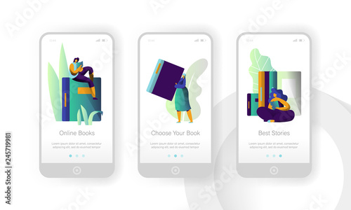 Online Book Library Modern Education Mobile App Page Onboard Screen Set. Digital Dictionary Reader. Woman Read Ebook Encyclopedia Concept for Website or Web Page. Flat Cartoon Vector Illustration