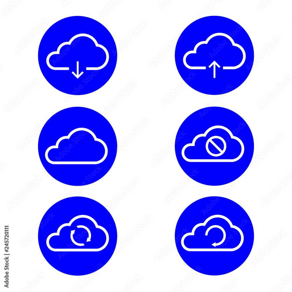 Vector illustration of cloud computing icon set, sign and symbol. Cloud upload, download, synchronization, connected, disconnected and refresh.