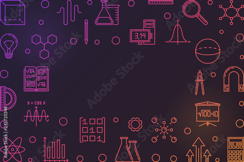 STEM education vector colorful horizontal frame. Science technology engineering math creative illustration in outline style on dark background