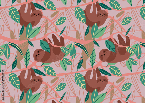 Sloth pink and green Pattern sloths in a pink tree with big leafs Pattern