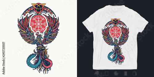 Magic birds. Print for t-shirts and another, trendy apparel design. Fire birds. Symbol of revival, regeneration, life and death