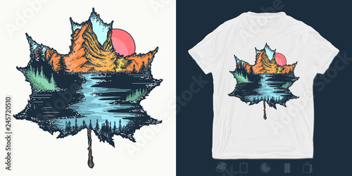 Fall outdoors. Autumn leaf and mountains. Print for t-shirts and another, trendy apparel design.  Symbol of tourism and adventure