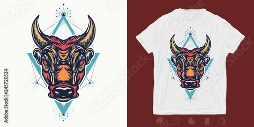 Angry bull. Print for t-shirts and another, trendy apparel design. Minotaur, symbol of bravery, fight, hero, army