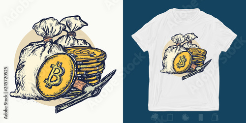 Golden coins and bag of money. Cryptocurrency bitcoin mining print for t-shirts and another, trendy apparel design