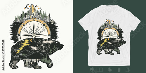 Bear and mountains. Otdoors print for t-shirts and another, trendy apparel design. Magic tribal, double exposure animals