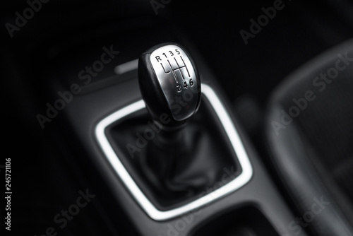 Obraz na plátně Black interior of a modern car, six-speed manual shift car gear lever