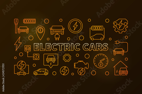 Electric Cars vector golden horizontal illustration or banner in outline style on dark background
