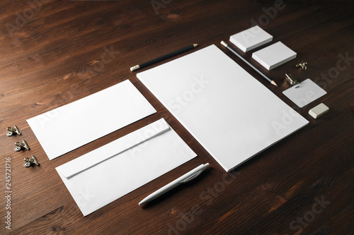 Blank stationery template on wooden background. Mock-up for branding identity. For design presentations and portfolios.