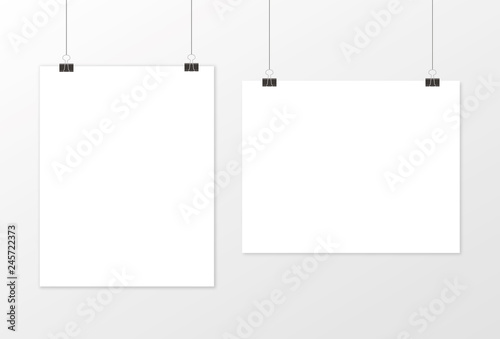 White poster hanging. Mock up empty paper blank. Vertical and horizontal template. Vector illustration