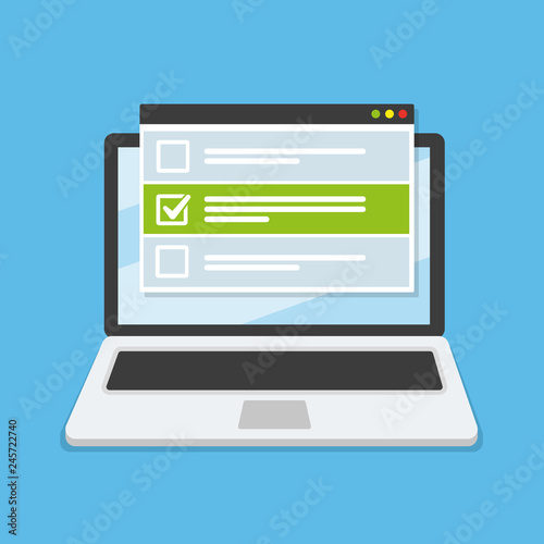 Online form survey on laptop. Vector illustration. Flat style design