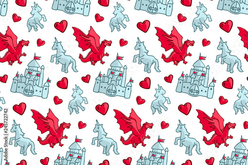 Seamless pattern with castle and fantasy creatures
