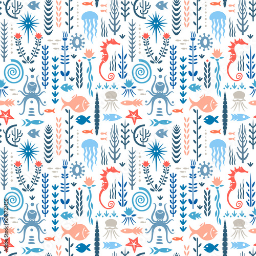 Seamless pattern with underwater plants and animals. Concept for nursery prints, textile, wallpapers. Red and blue palette