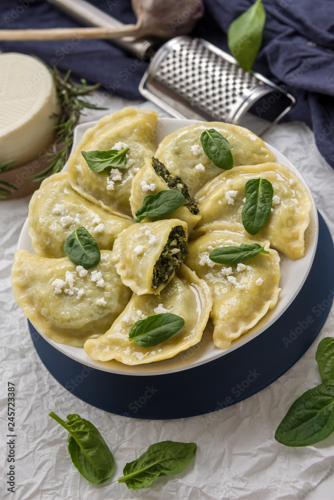 Dumplings with spinach and white cheese. This is a very popular food in Poland