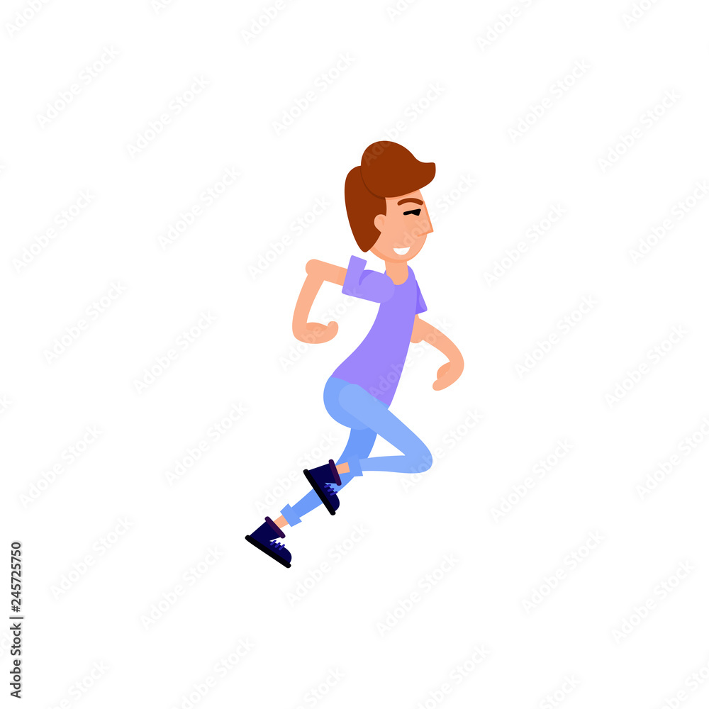 Young man runs, funny flat style. Character illustration