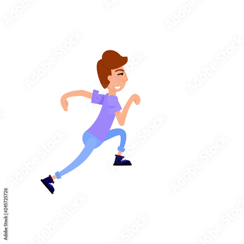 Young man runs, funny flat style. Character illustration