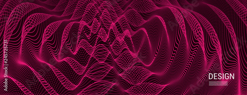 3D wavy background with ripple effect. Vector illustration with particle. 3D grid surface.