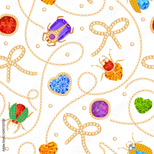 Golden Chains and Brooch with Gemstones Seamless Pattern. Jewelry Emeralds, Gold Accessories, Gems and Diamonds Fashion Pattern for Fabric Textile. Vector illustration