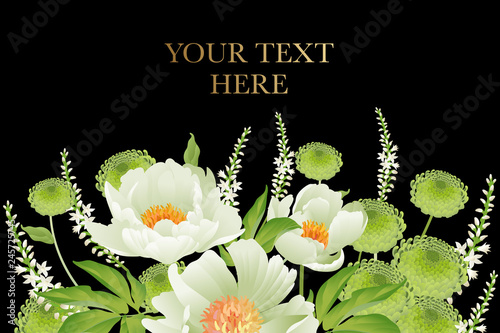 Bouquet of peonies on black background. Floral card luxury pattern