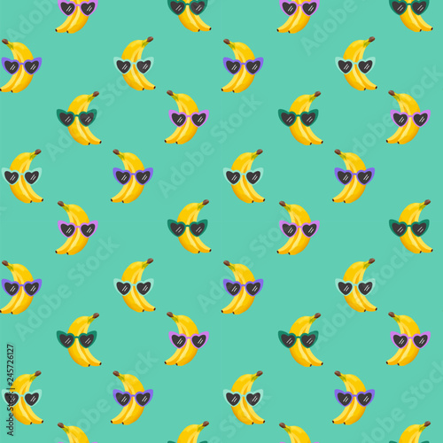 Banana funny Glasses seamless pattern for fashion print, summer texture, wallpaper, graphic design, tropical background, fruit illustration in vector