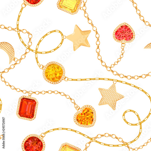 Golden Chains and Gemstones Seamless Pattern. Jewelry Emeralds, Gold Accessories, Gems and Diamonds Fashion Pattern for Fabric Textile. Vector illustration