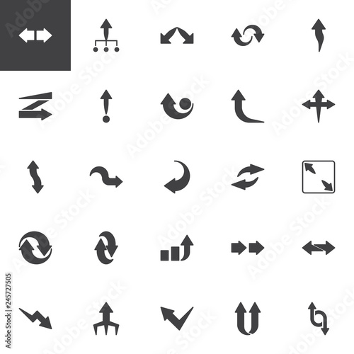 Arrows vector icons set, modern solid symbol collection, filled style pictogram pack. Signs, logo illustration. Set includes icons as direction arrow , next, right, up, left, pointer, cursor forward