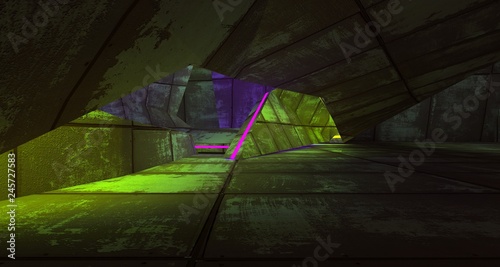 Abstract  Concrete Futuristic Sci-Fi interior With Violet And Green Glowing Neon Tubes . 3D illustration and rendering.