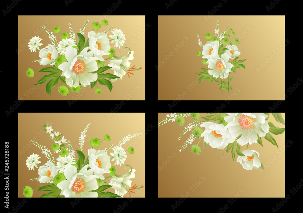 Delicate pastel white garden flowers. Floral card luxury pattern set.