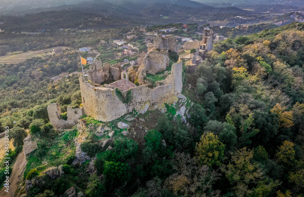 Aerial view of Palafolls castle medieval ruined stronghold between Girona and Barcelona on the Costa Brava an example how graffiti can ruin a cultural heritage site