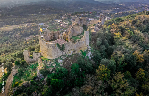 Aerial view of Palafolls castle medieval ruined stronghold between Girona and Barcelona on the Costa Brava an example how graffiti can ruin a cultural heritage site photo