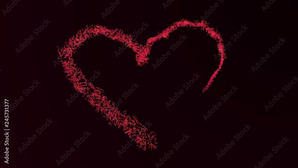 An abstract heart shape drawn with particles. Lights are shining and flying away.