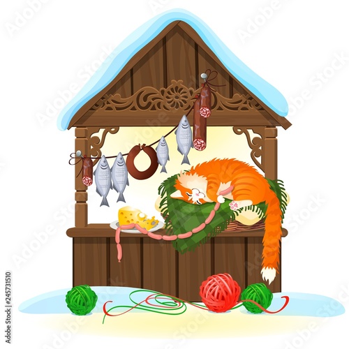 Stall for sale of food product isolated on white background. Tent on the marketplace. Happy ginger striped cat. Vector cartoon close-up illustration.
