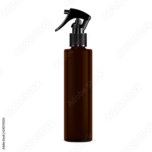 Brown Pistol Trigger Spray Cosmetic Bottle. Perfume Freshener Dropper Aerosol Container. Hair Care Moisturizer Essence Product. Isolated Detergent Package Mockup Template.