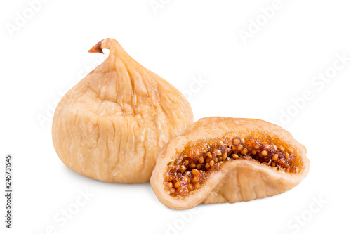 Dried figs isolate on a white background. Dried figs in general and cut form.