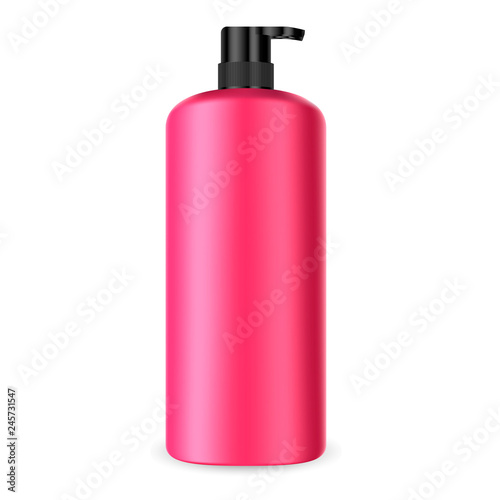 Dispenser Pump Cosmetic Bottle. Batcher Container 3d Mockup. Red Plastic Packaging for Shampoo, Lotion, Hand Cream, Medical Liquid. Sunscreen Treatment Tube with Black Cap.