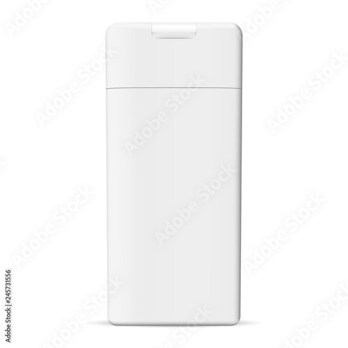Rectangle Shampoo Cosmetic Container. White Bottle for Soap, Gel, Moisturizer. Plastic Product Square Package for Brand Merchandise Isolated on Background. Realistic Pet Jar Mockup.